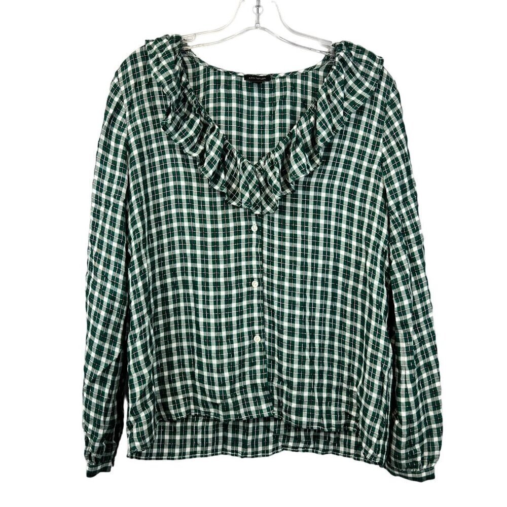 Ann Taylor Womens Ruffled V-Neck Button Down Top Green/Multi Plaid Metallic S